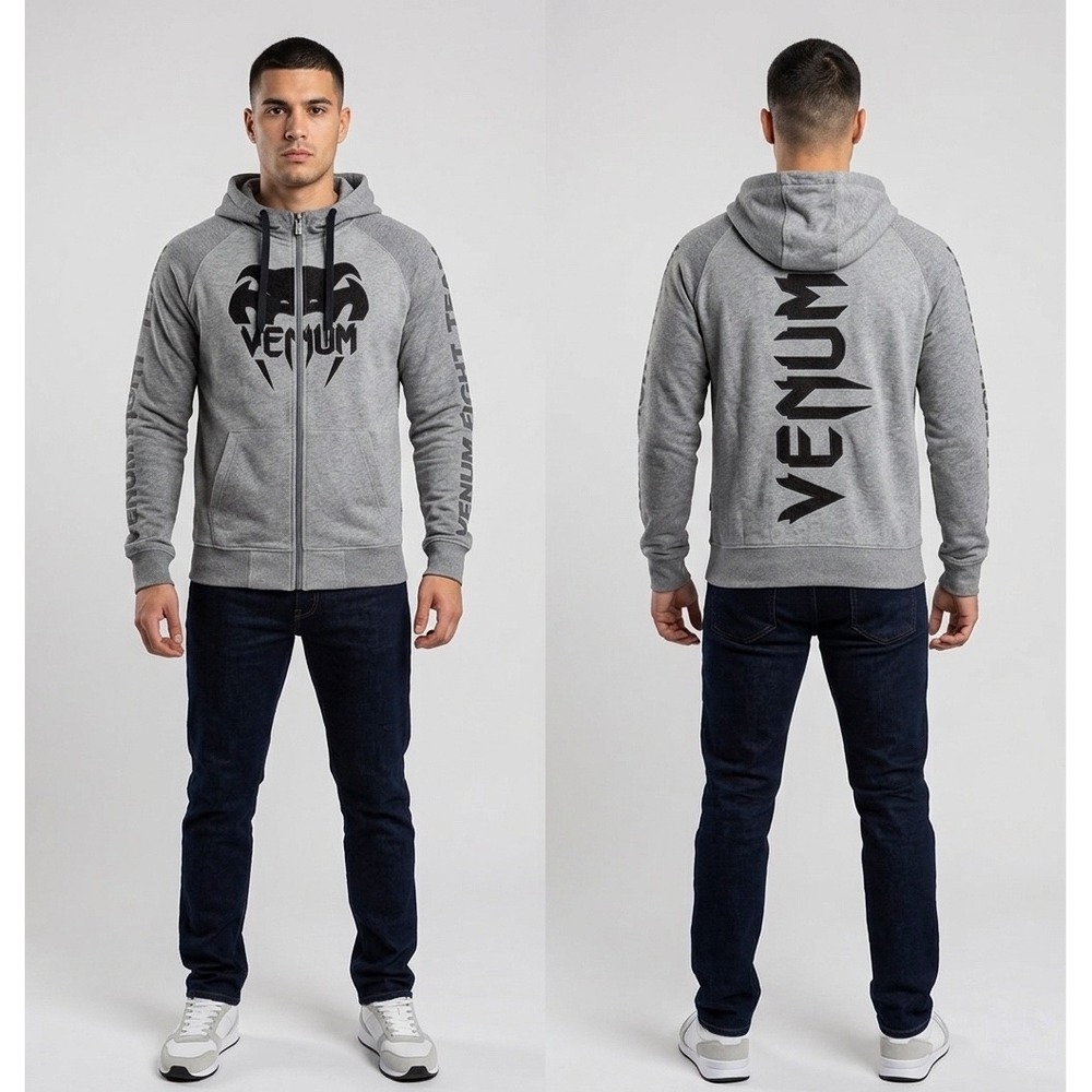 Venum Mens Hoodie Fight Team Full Zip Hoodie Gray Black Logo MMA Gym Size Medium